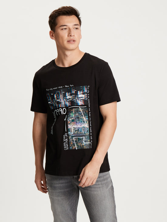 Herren Regular T-Shirt mit großem Print schwarz