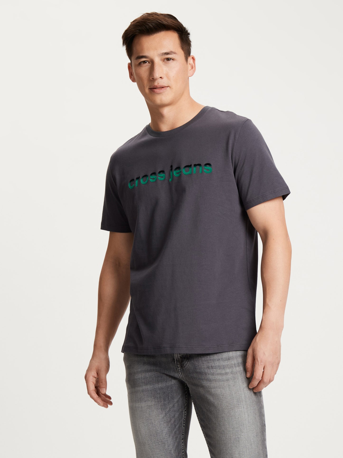 Men's regular T-shirt with label print, anthracite.