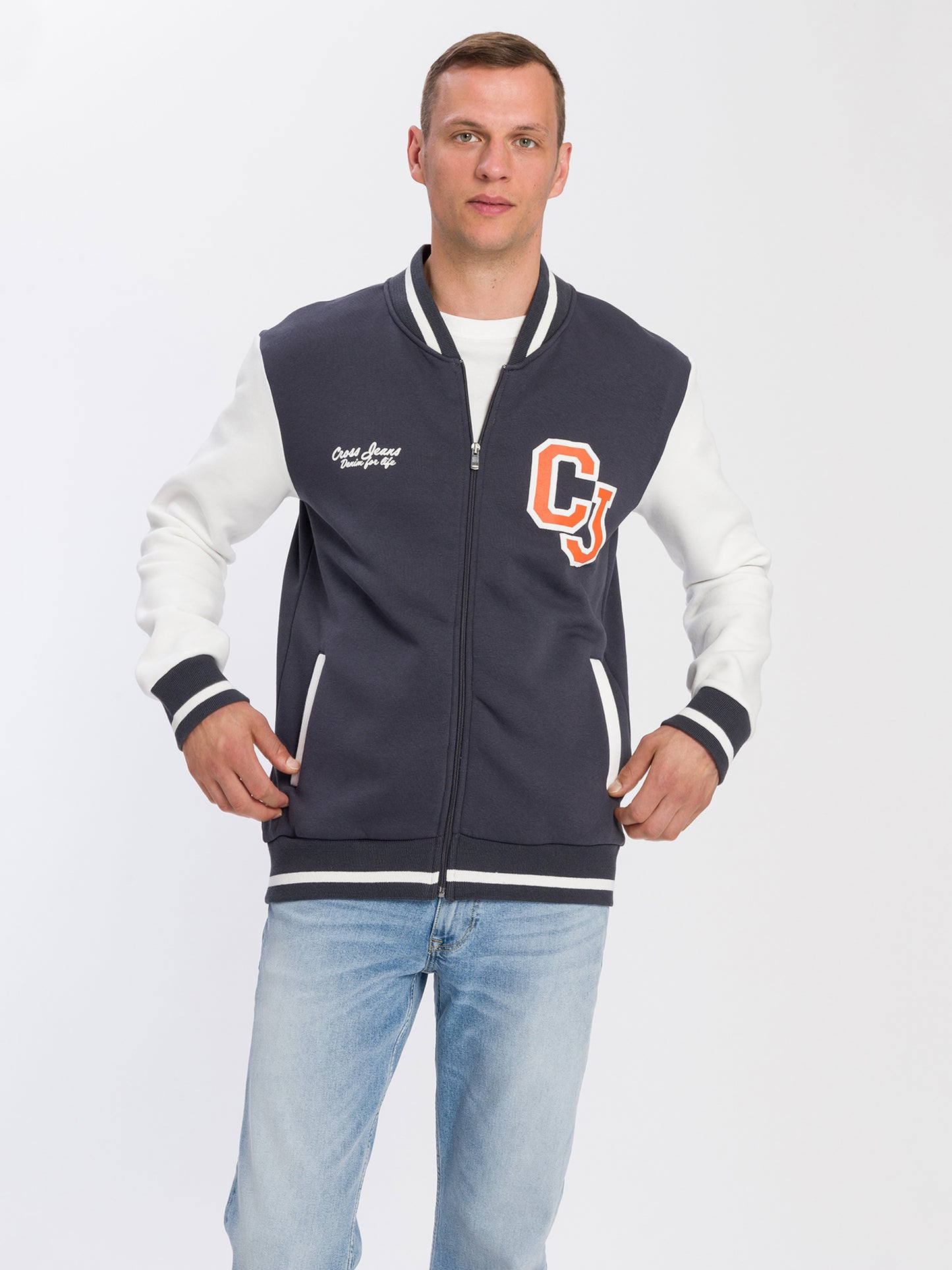 Men's regular sweatshirt jacket with Cross Jeans logo print gray