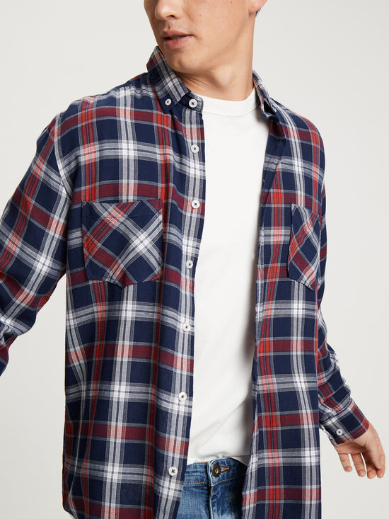Men's regular long-sleeved shirt checked pattern dark blue