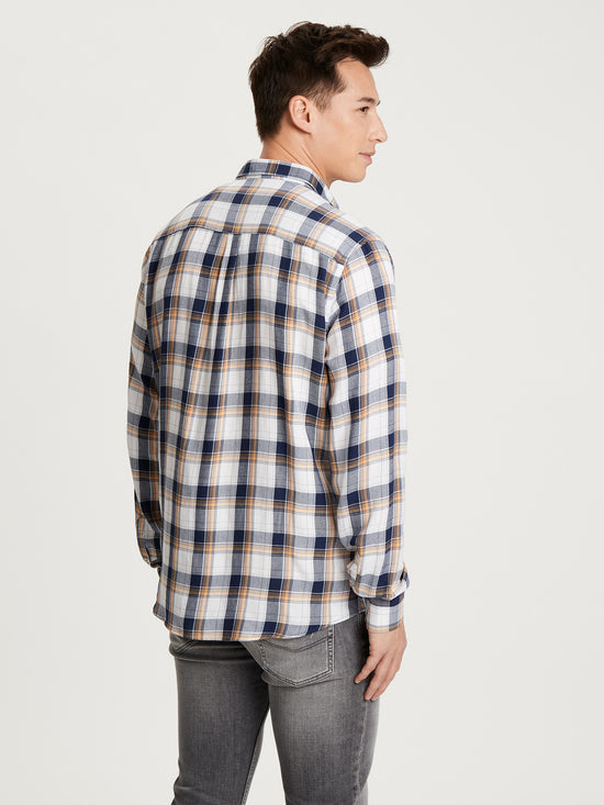 Men's regular long-sleeved shirt checked pattern dark blue and white