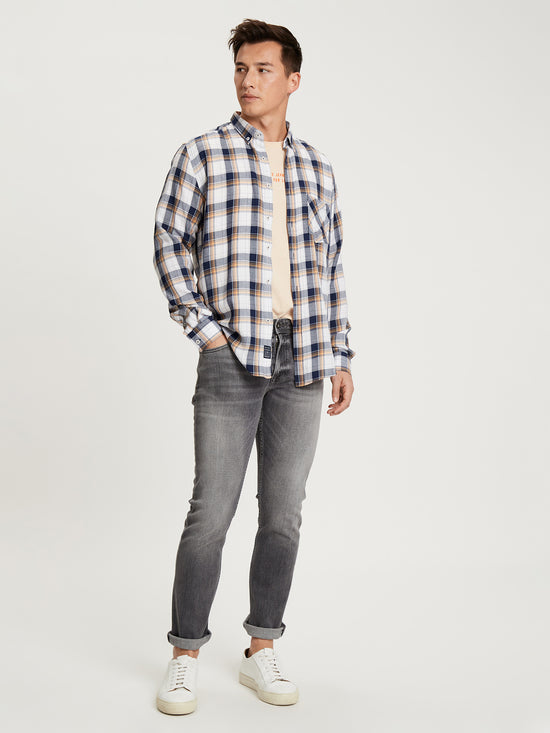 Men's regular long-sleeved shirt checked pattern dark blue and white