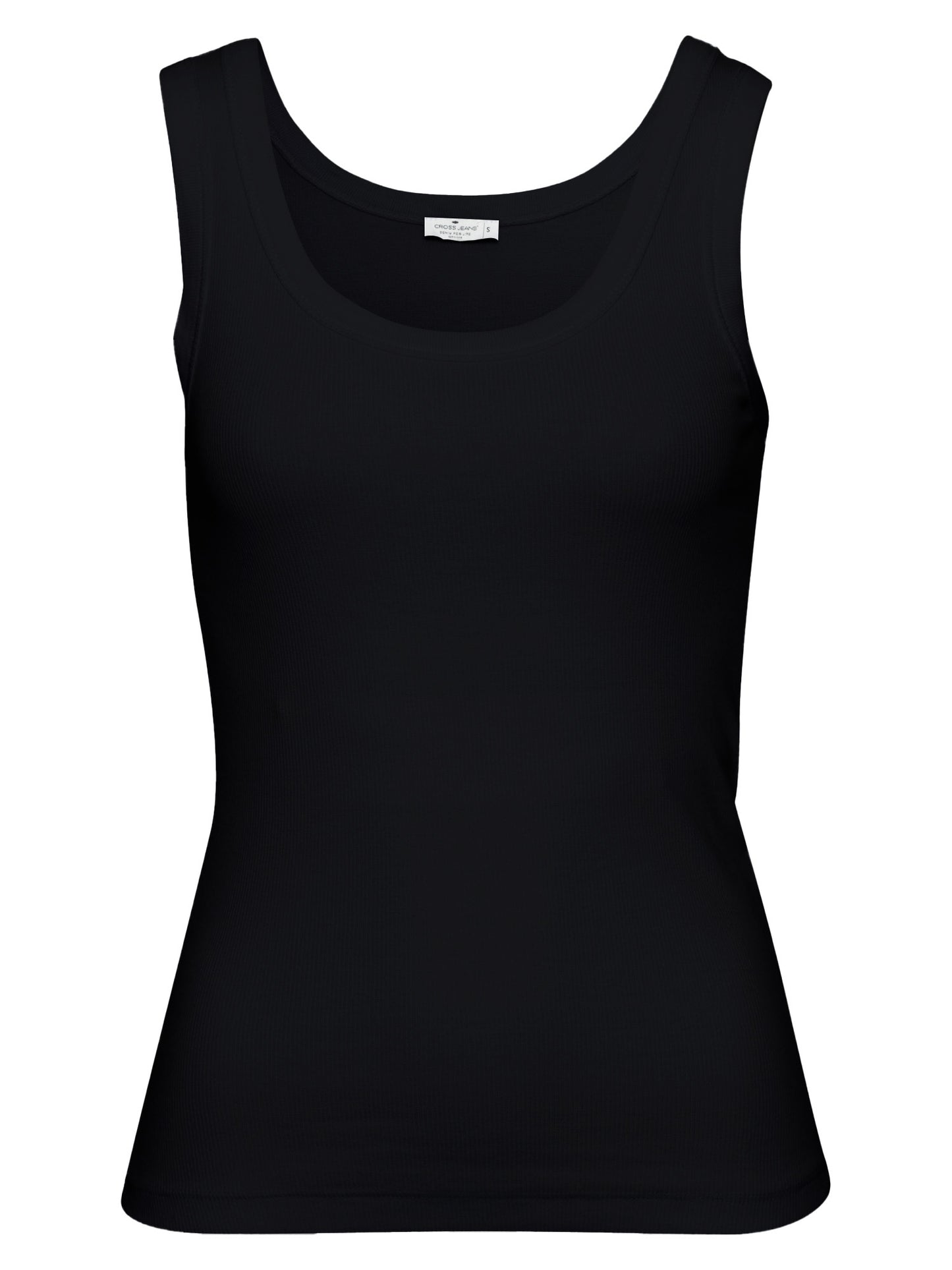 Women's slim tank top in black ribbed quality.