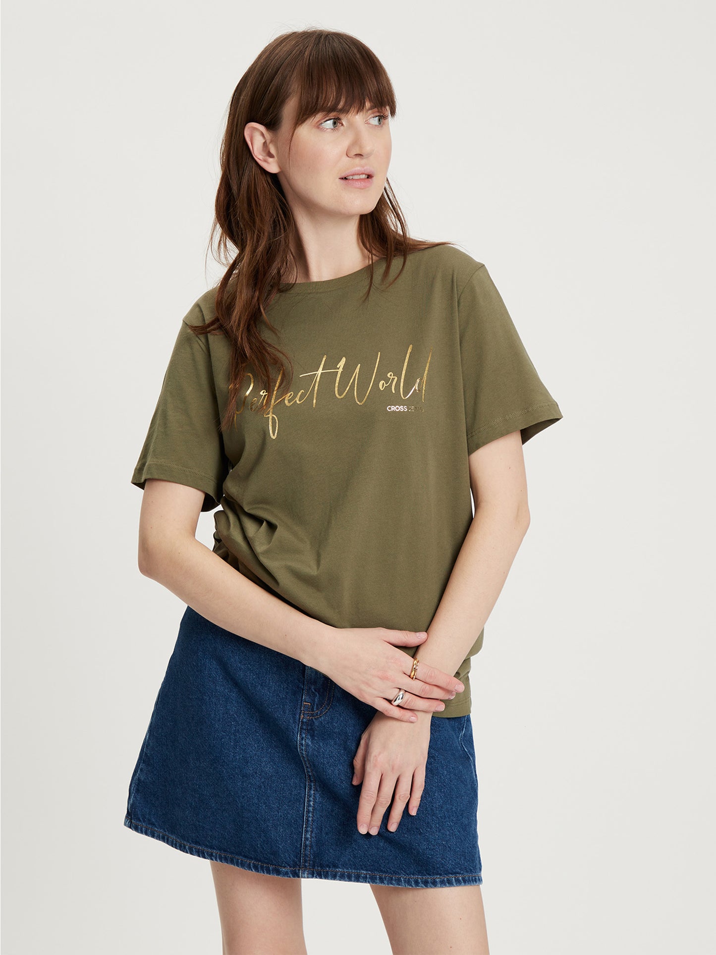 Damen Regular T-Shirt Glitzer-Print khakigrün