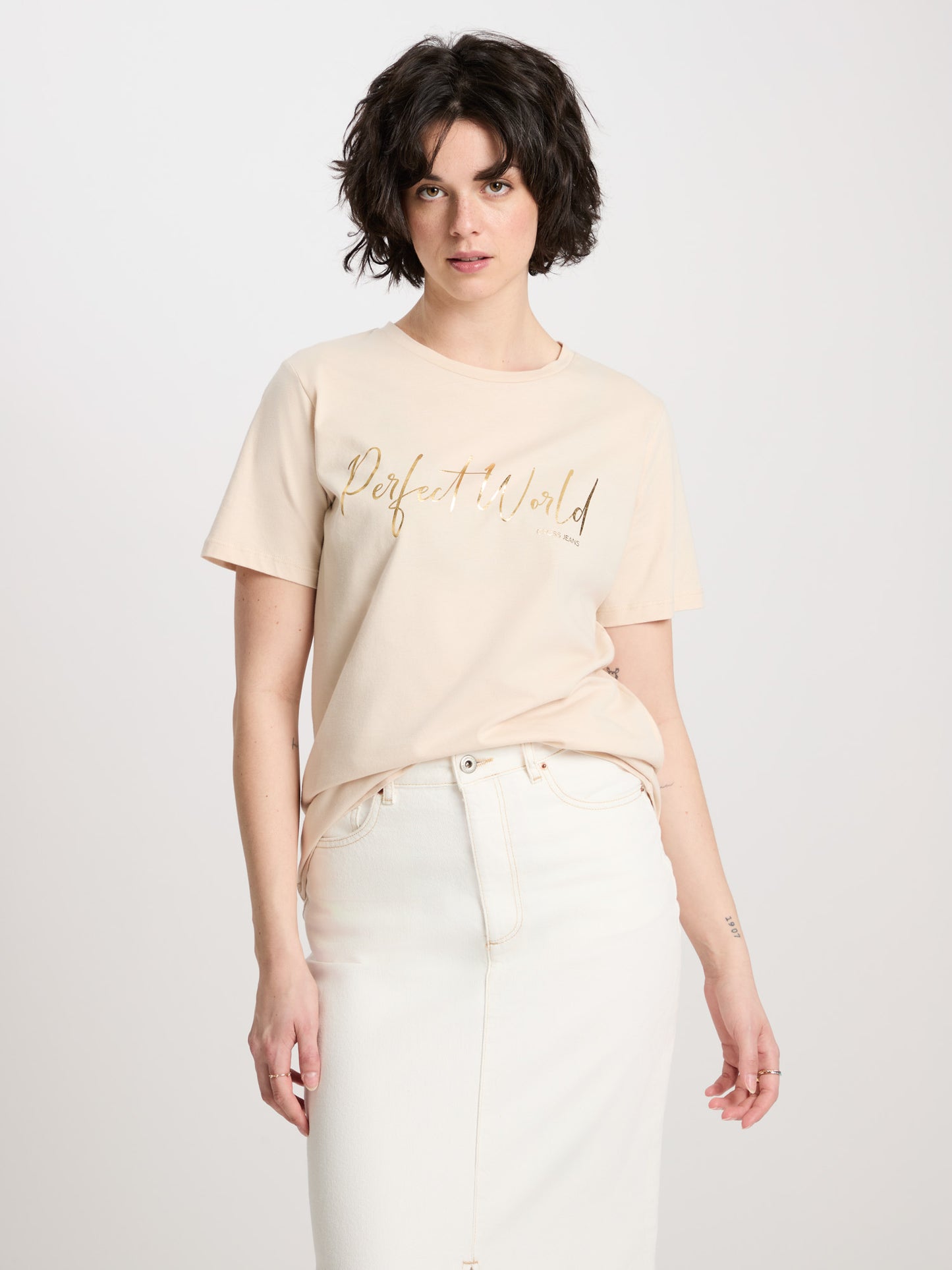 Damen Regular T-Shirt mit Glitzer-Print hellbeige.