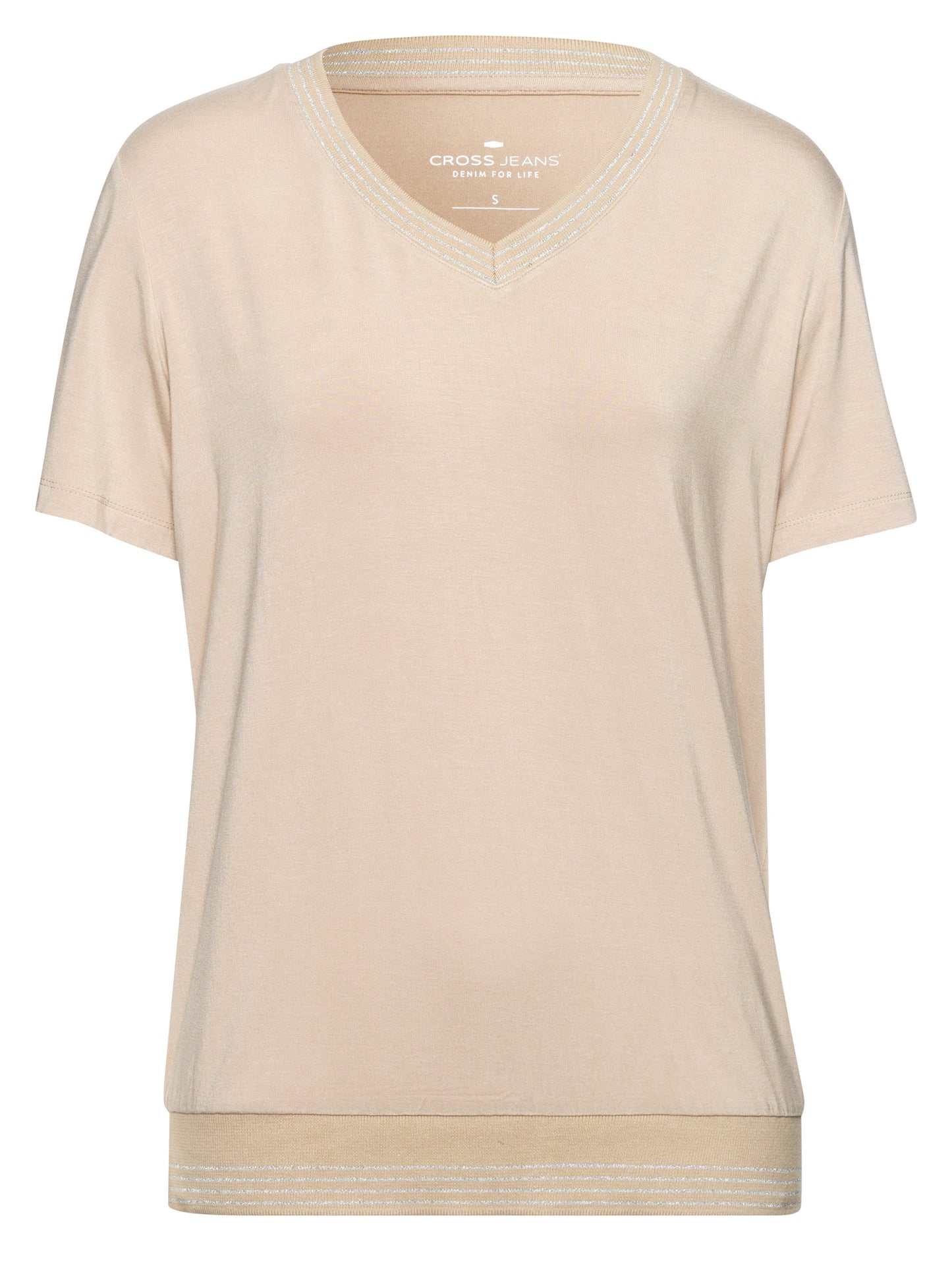 Women's regular V-neck T-shirt in stone colour.