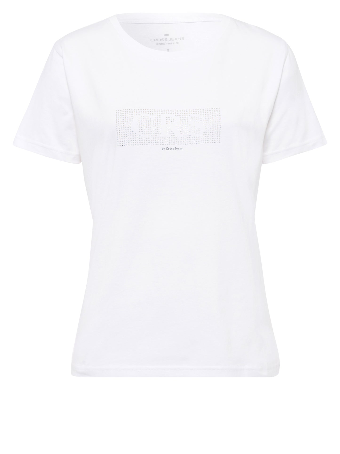 Damen Regular T-Shirt mit Schmucksteinen und Label-Schriftzug weiß