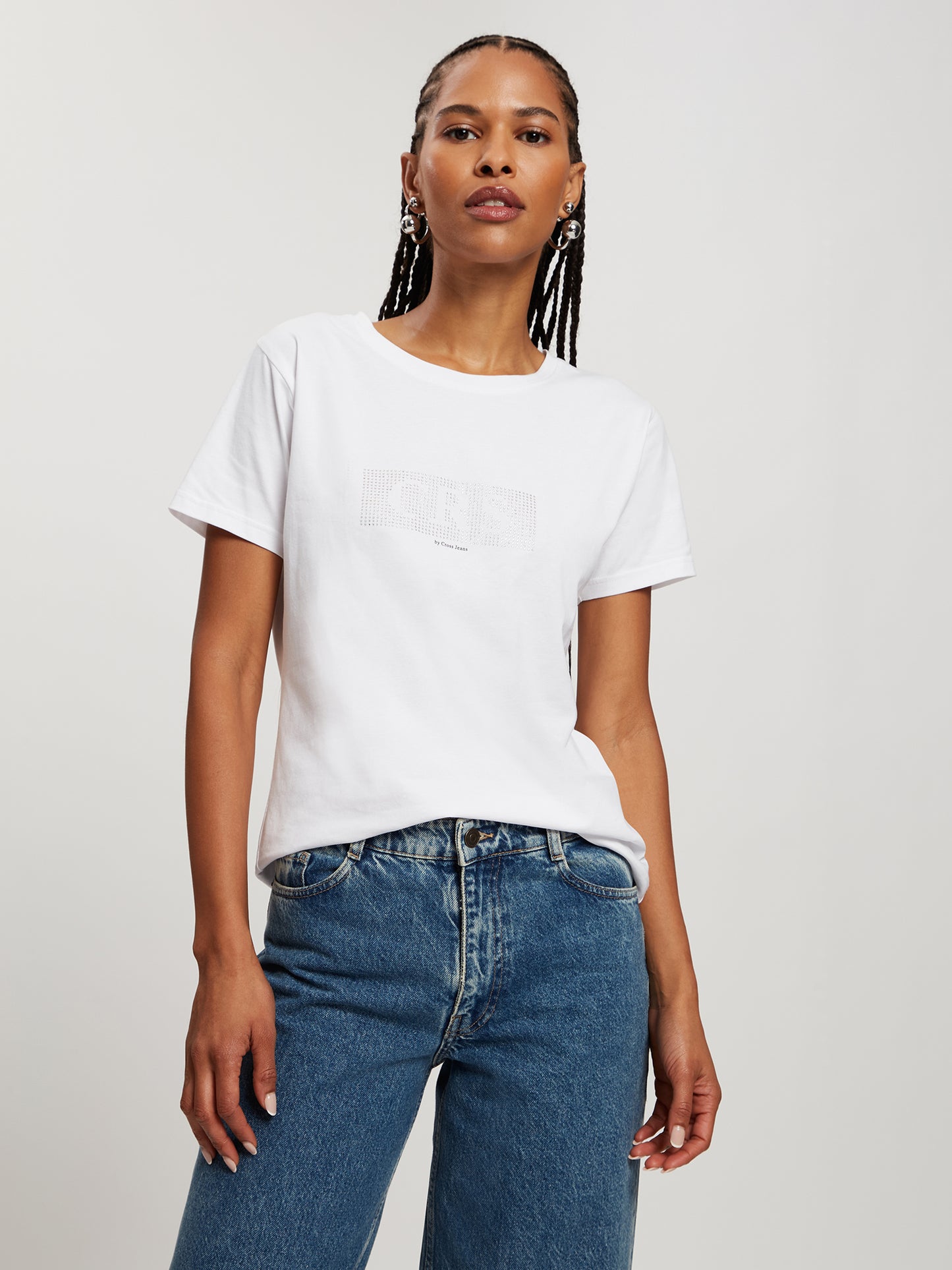 Women's Regular T-Shirt with Gemstones and Label Lettering White
