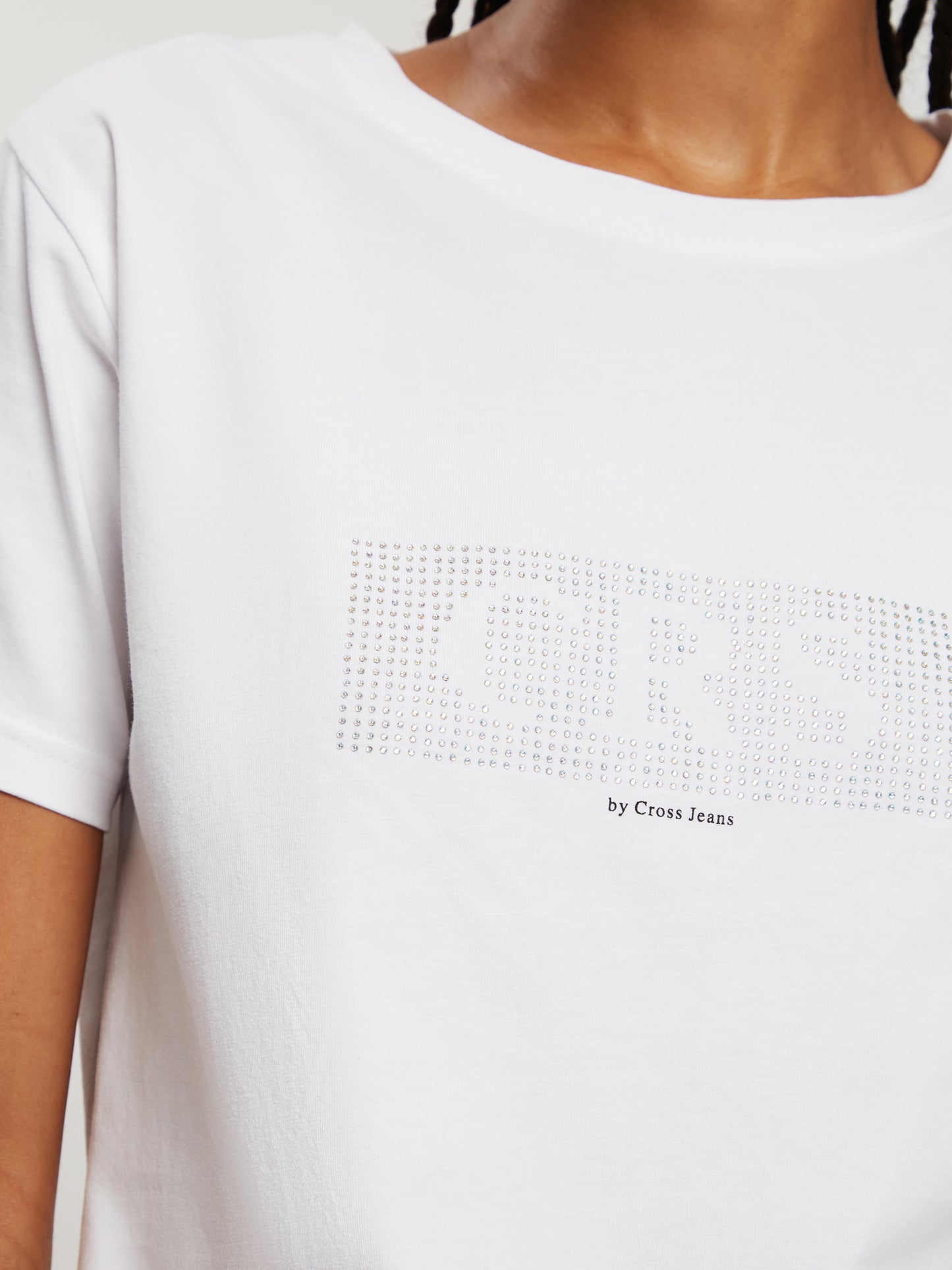 Damen Regular T-Shirt mit Schmucksteinen und Label-Schriftzug weiß