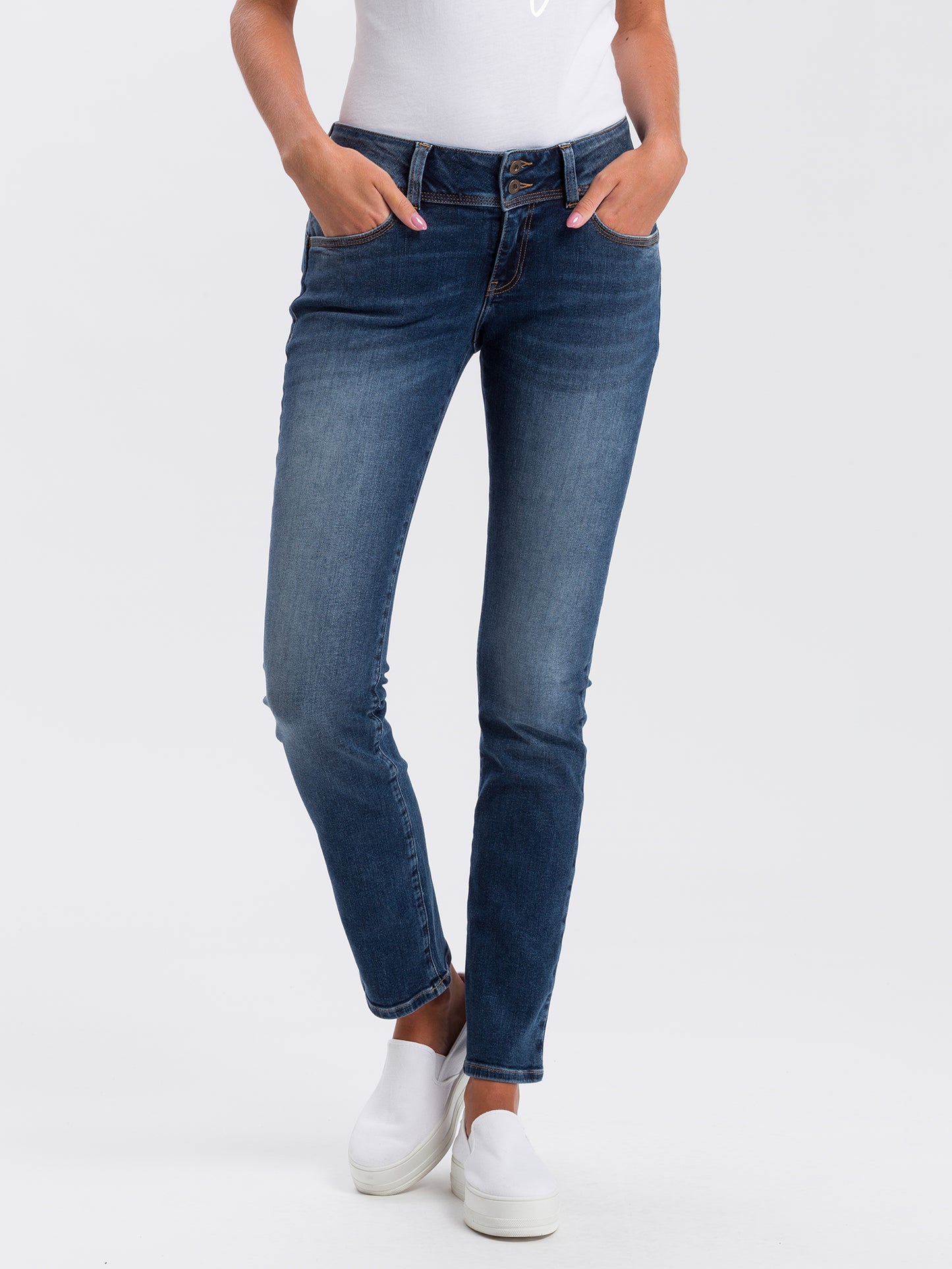 Loie Damen Jeans Regular Fit Mid Waist Straight Leg dunkelblau