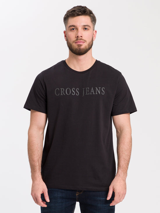 Men's regular T-shirt with CROSS JEANS logo print black