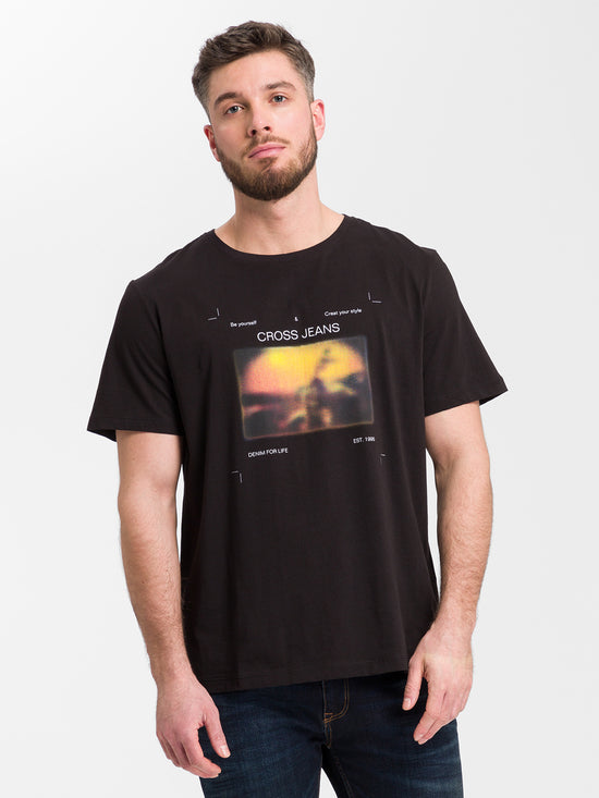 Herren Regular Print T-Shirt schwarz