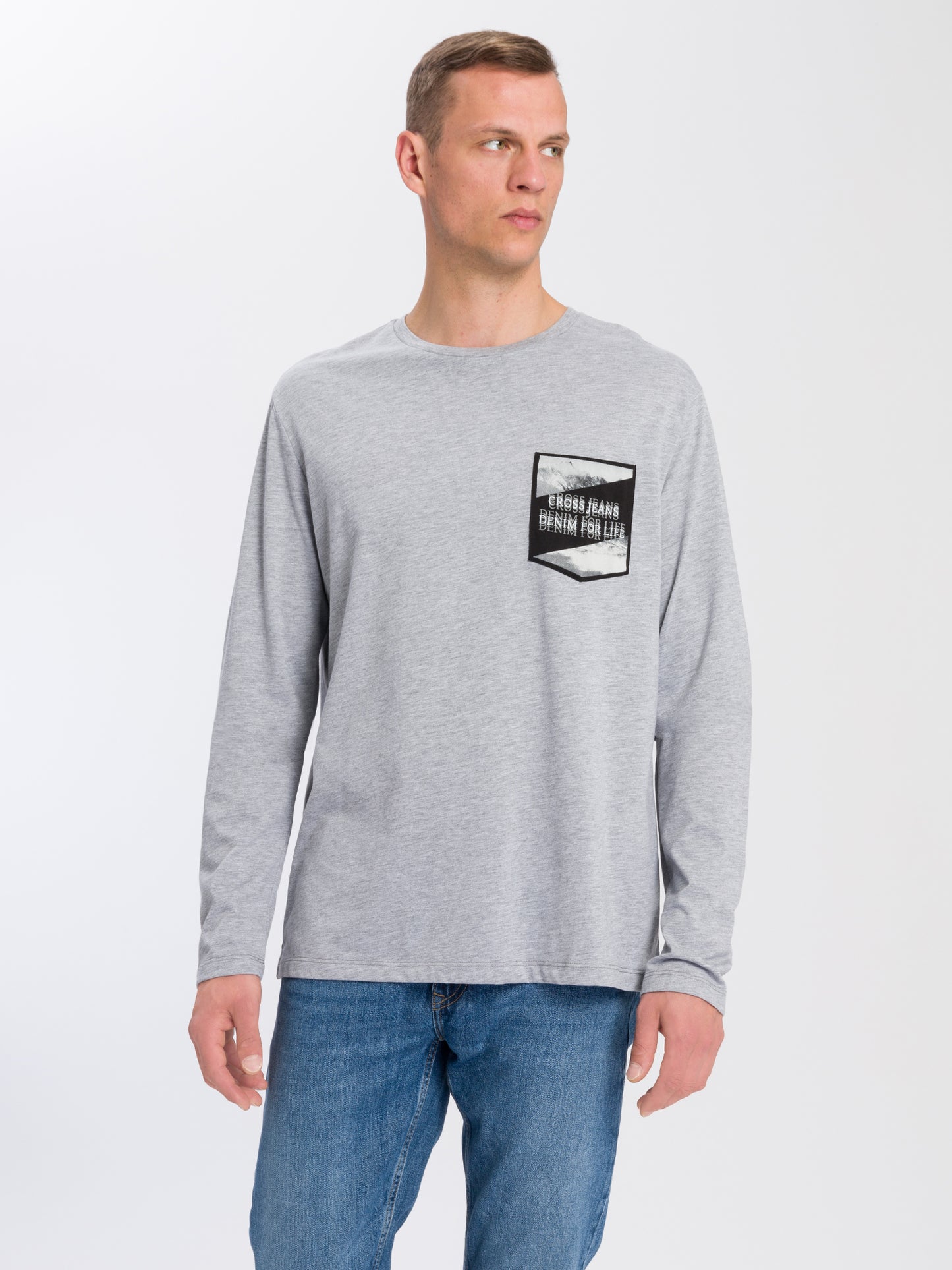 Men's regular long-sleeved shirt with print in grey