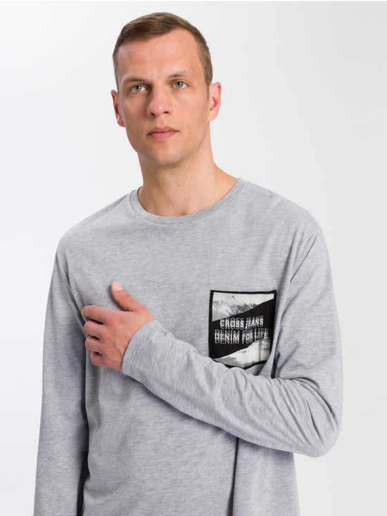 Men's regular long-sleeved shirt with print in grey