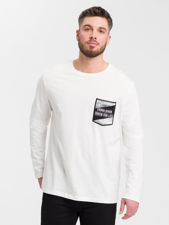 Herren Regular Langarmshirt mit Print weiß