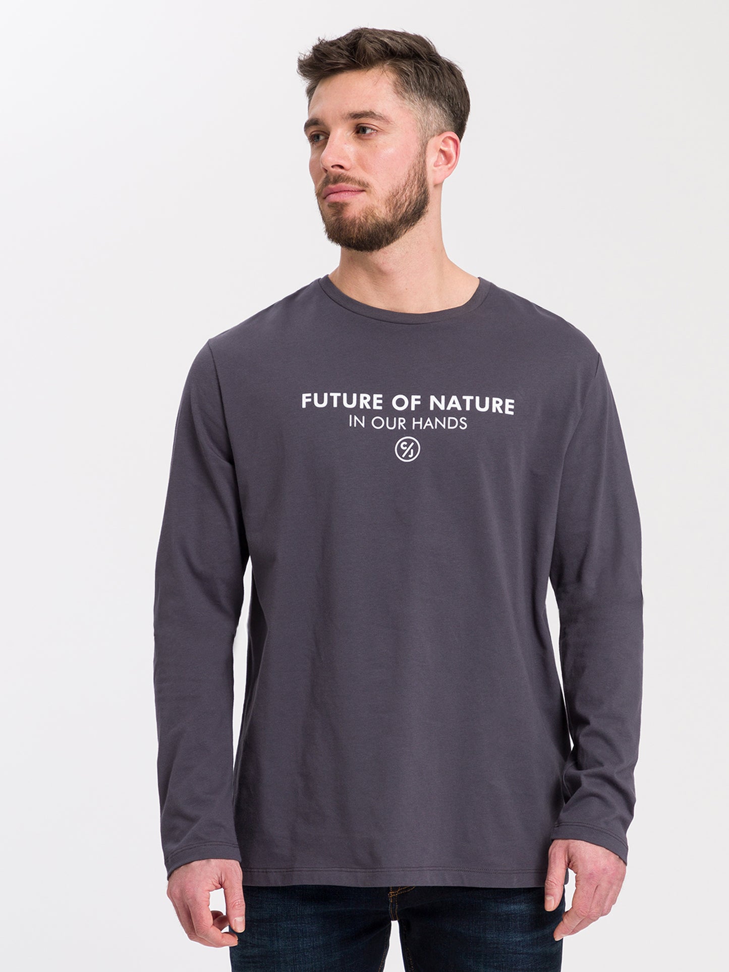 Men's regular long-sleeved shirt with print in grey