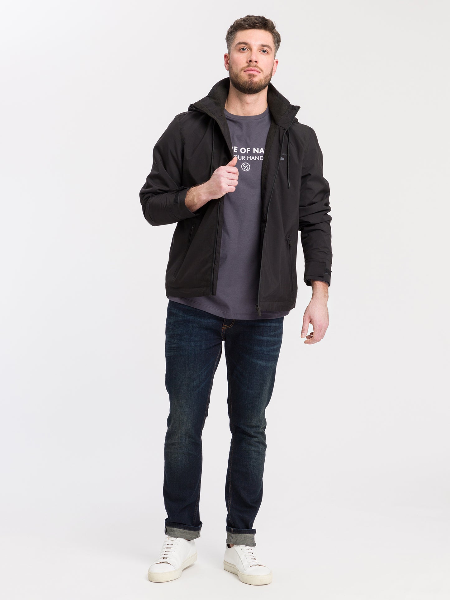 Men's regular long-sleeved shirt with print in grey