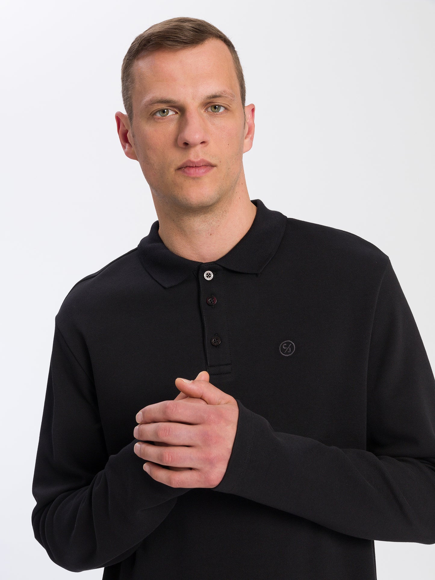 Herren Regular Langarm Poloshirt mit Logo schwarz
