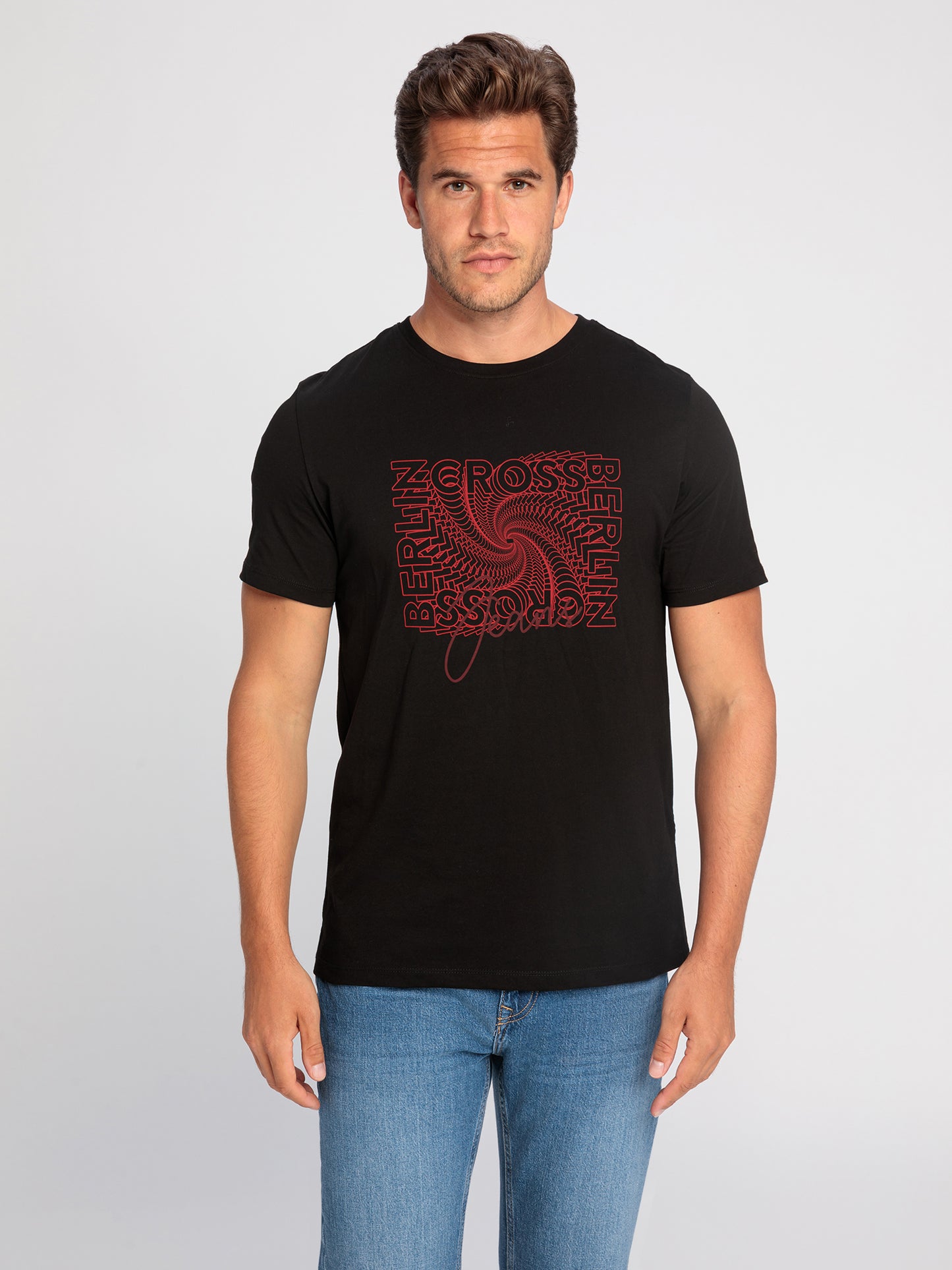 Men's T-shirt regular black with red spiral print