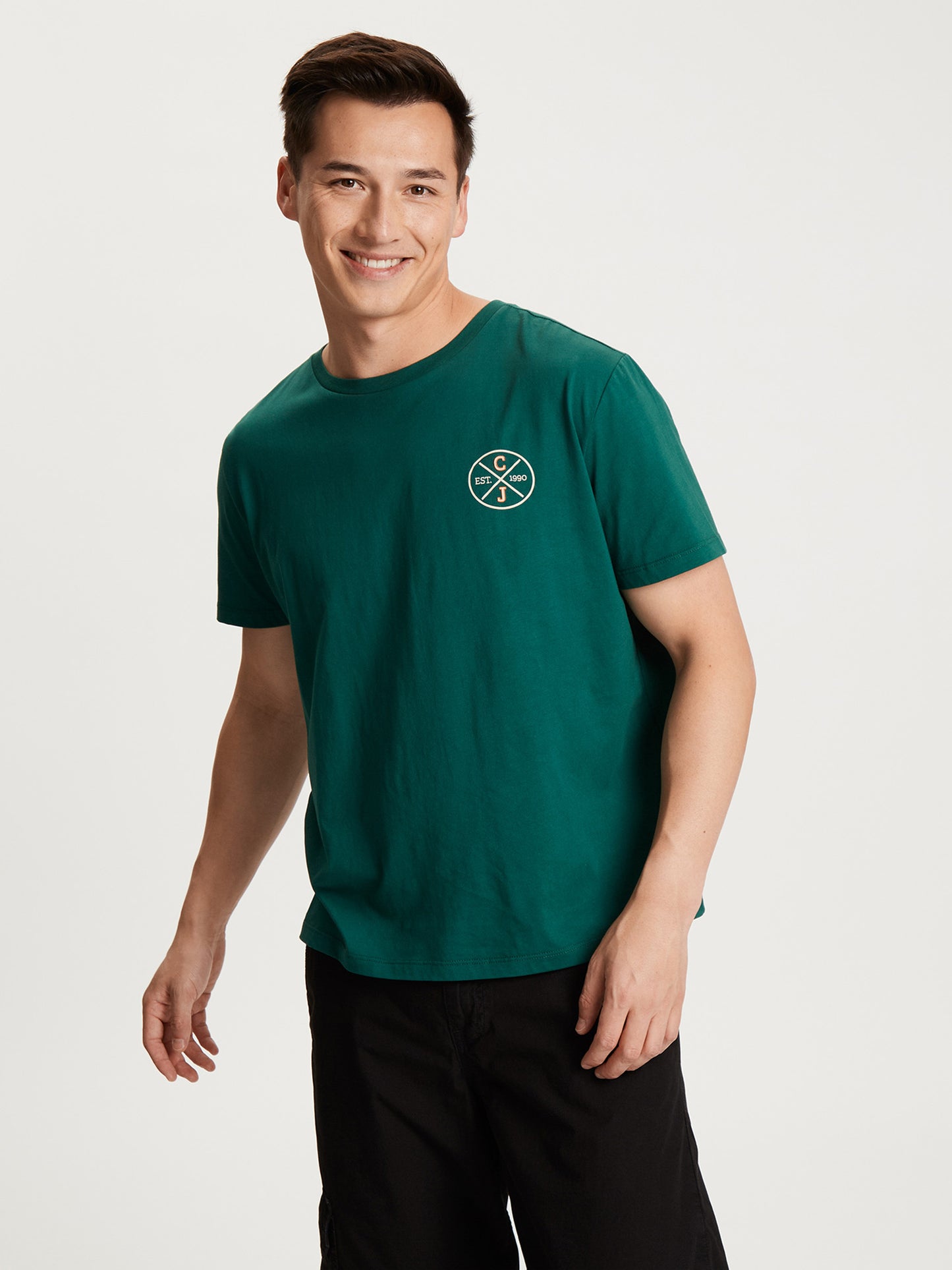 Men's regular T-shirt with label emblem green.