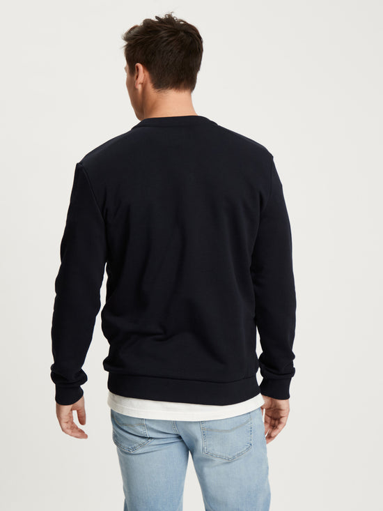 Men's regular sweatshirt with label print in navy blue.