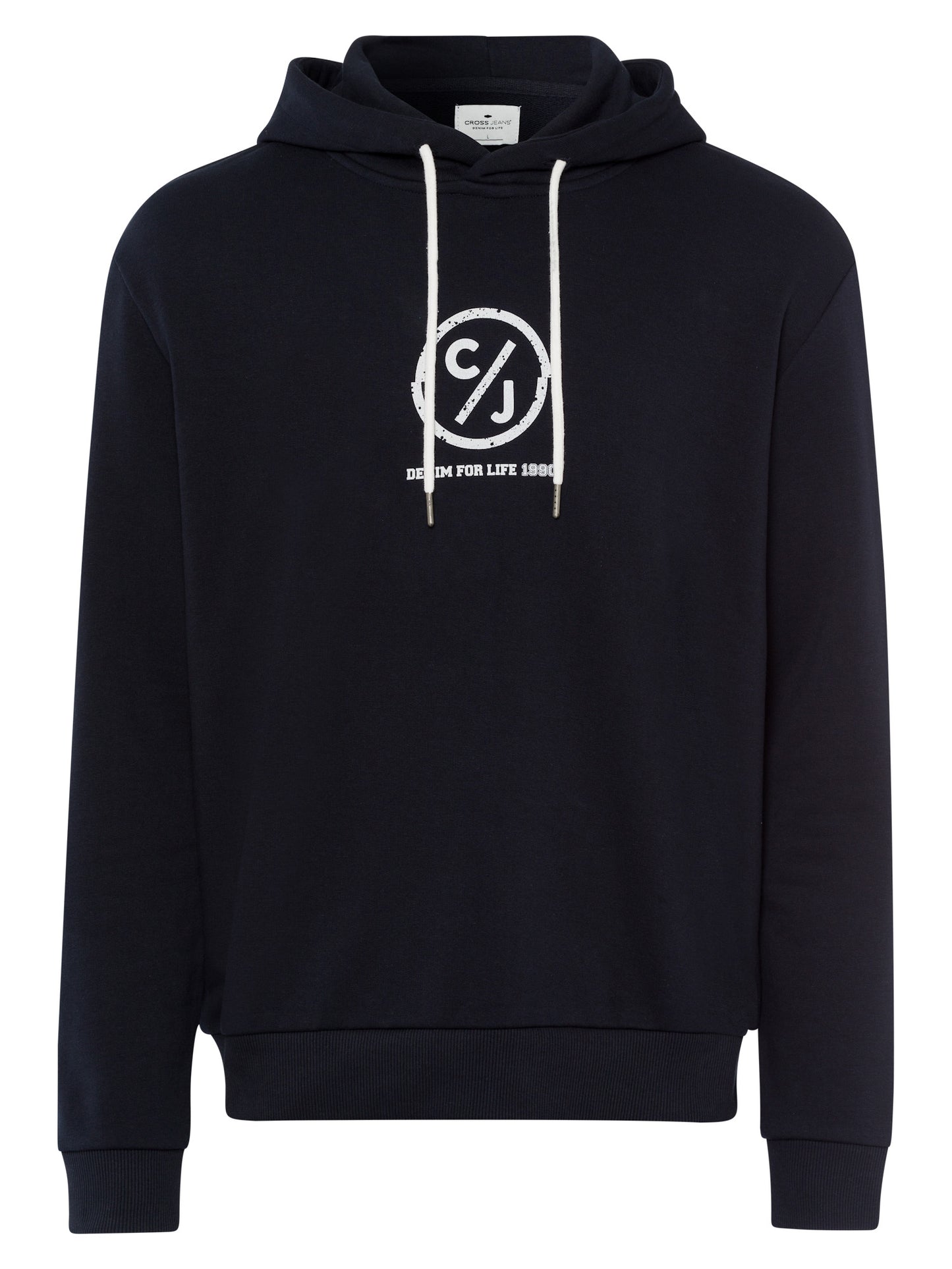 Men's regular hoodie with label emblem, navy blue.