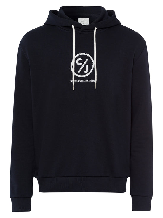 Men's regular hoodie with label emblem, navy blue.