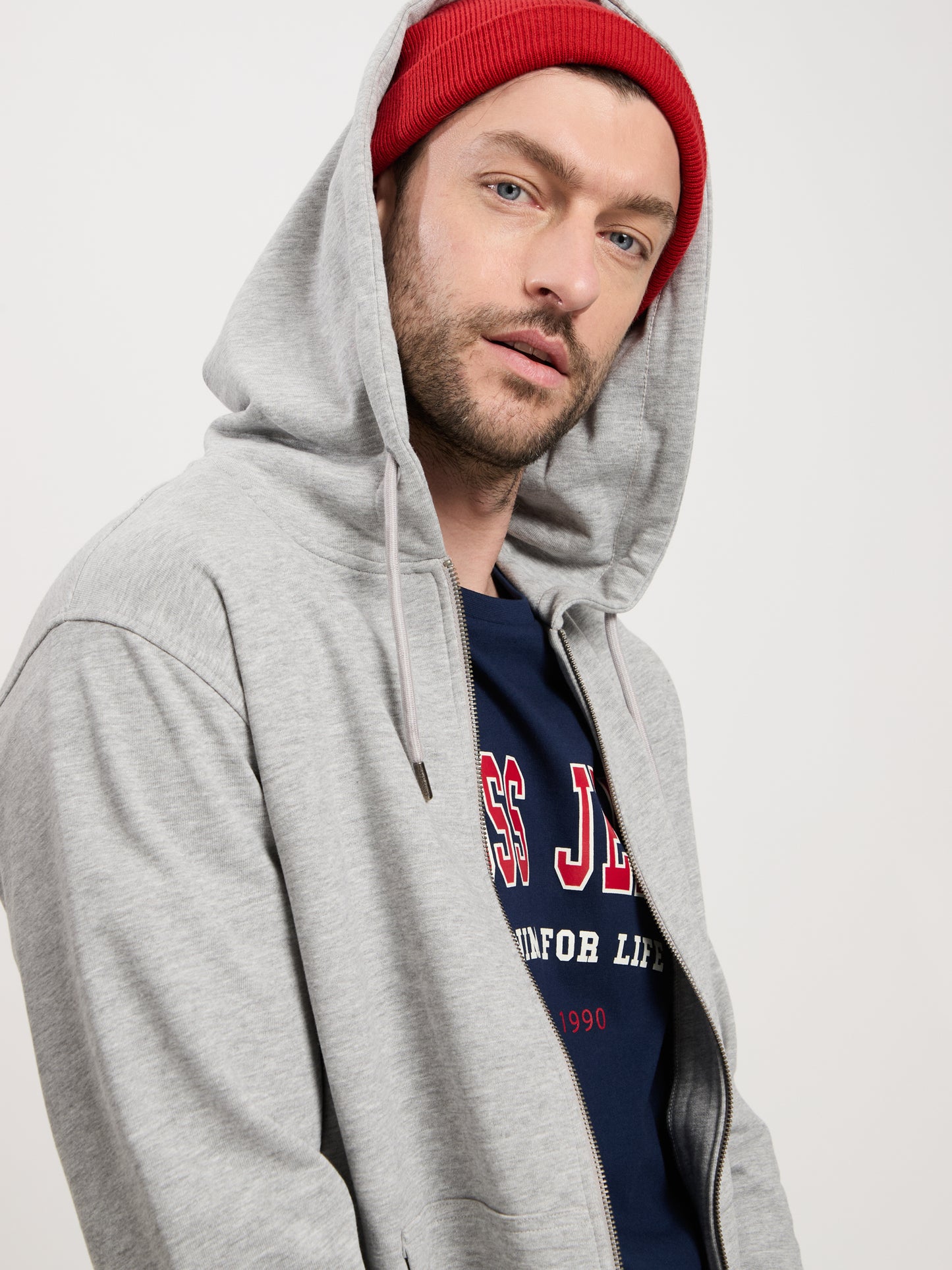 Herren Regular Kapuzenjacke mit Reißverschluss und Känguru-Tasche graumeliert