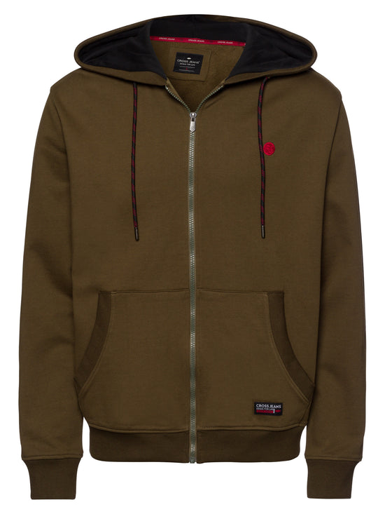 Herren Regular Sweatjacke mit Kapuze, Reißverschluss und Känguru-Tasche khaki