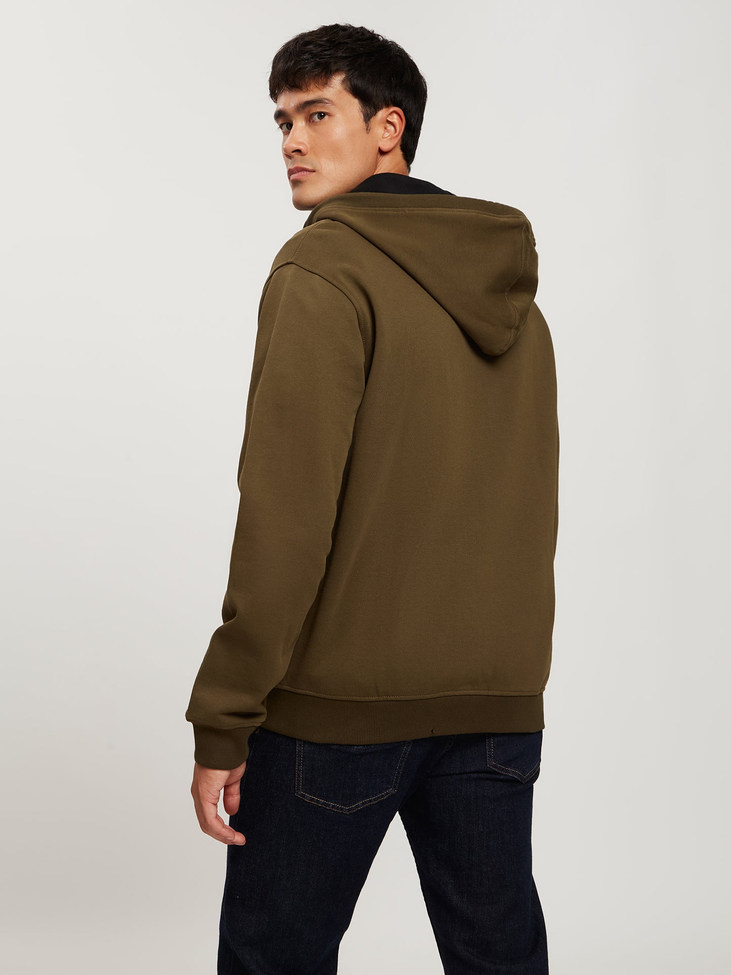 Herren Regular Sweatjacke mit Kapuze, Reißverschluss und Känguru-Tasche khaki