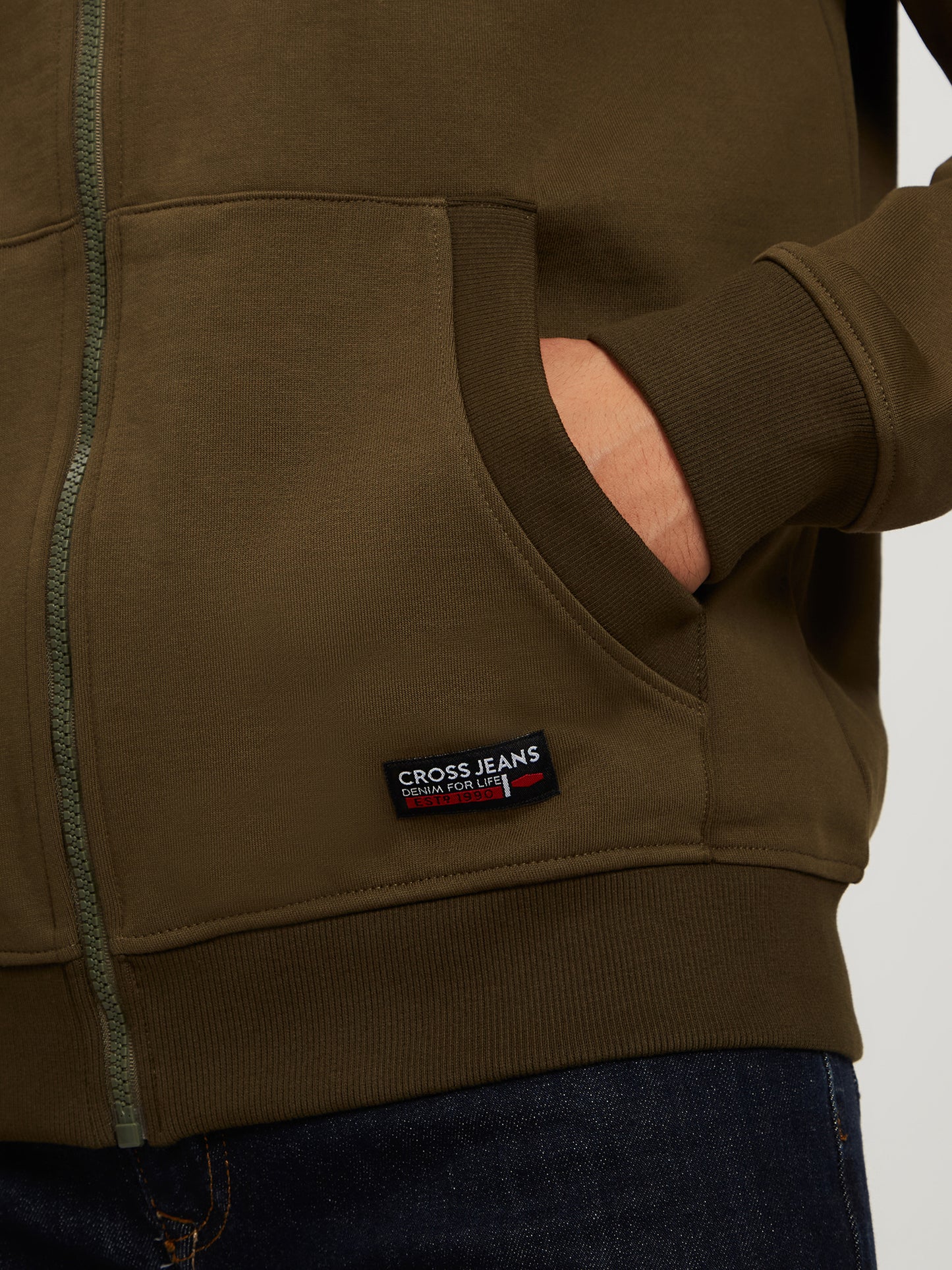 Herren Regular Sweatjacke mit Kapuze, Reißverschluss und Känguru-Tasche khaki