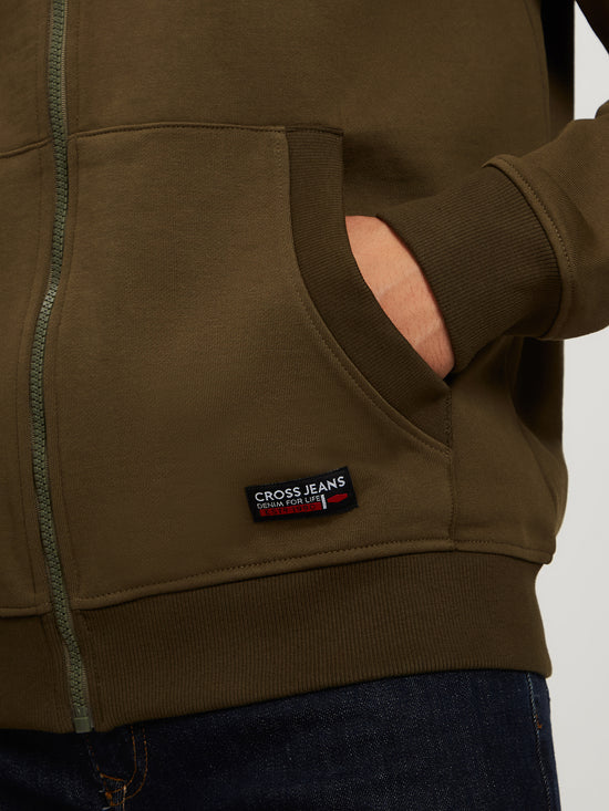 Herren Regular Sweatjacke mit Kapuze, Reißverschluss und Känguru-Tasche khaki