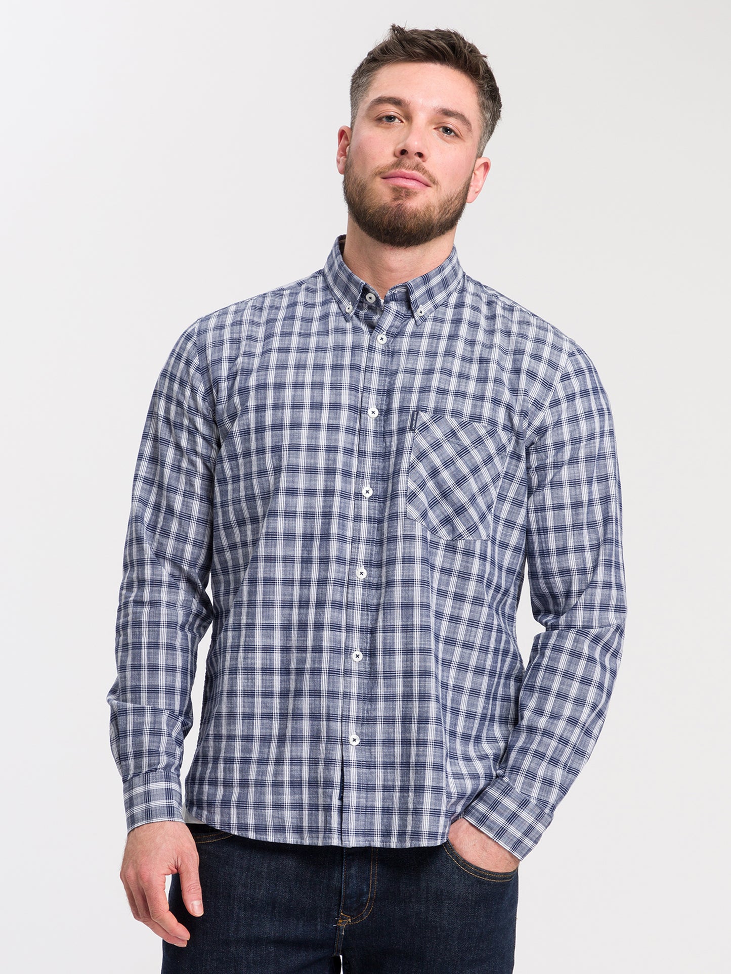 Herren Regular Langarmhemd blau kariert