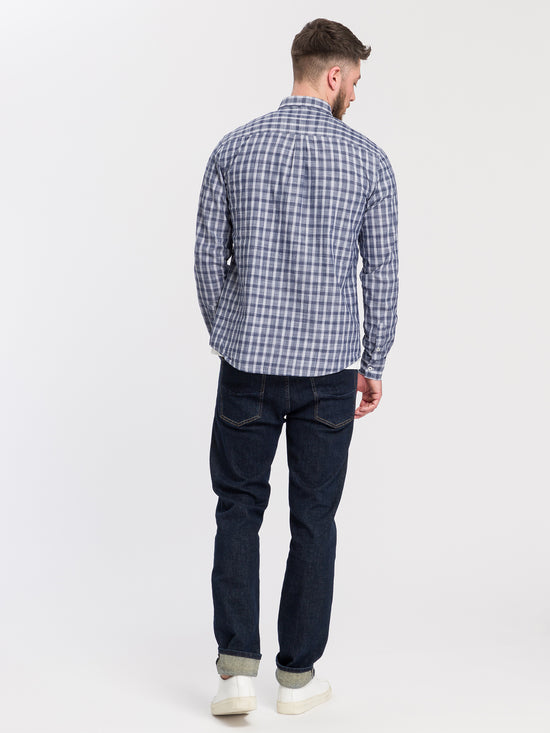 Herren Regular Langarmhemd blau kariert