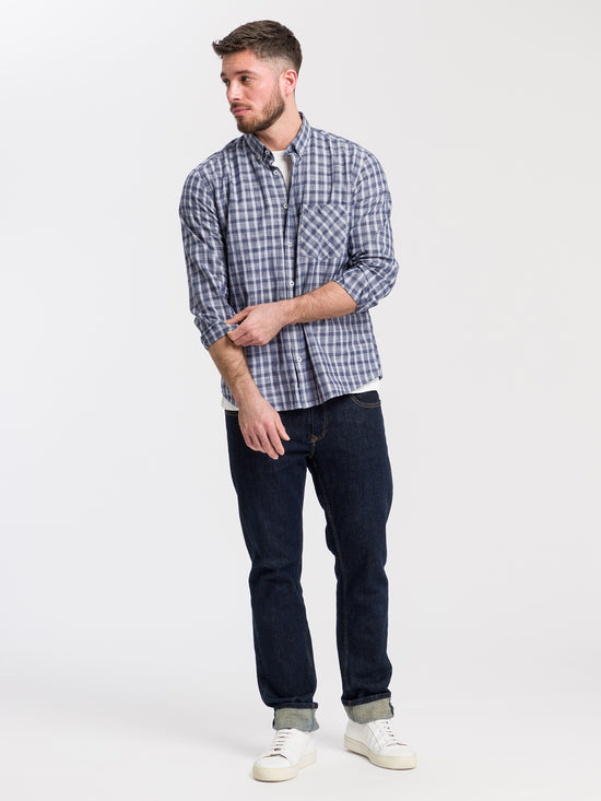 Herren Regular Langarmhemd blau kariert