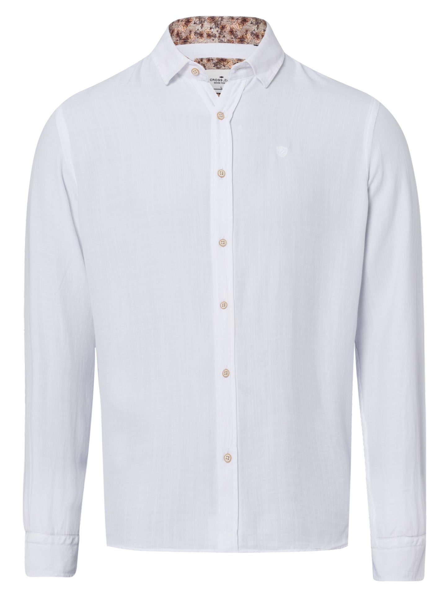 Men's regular long-sleeved shirt white with a patterned collar