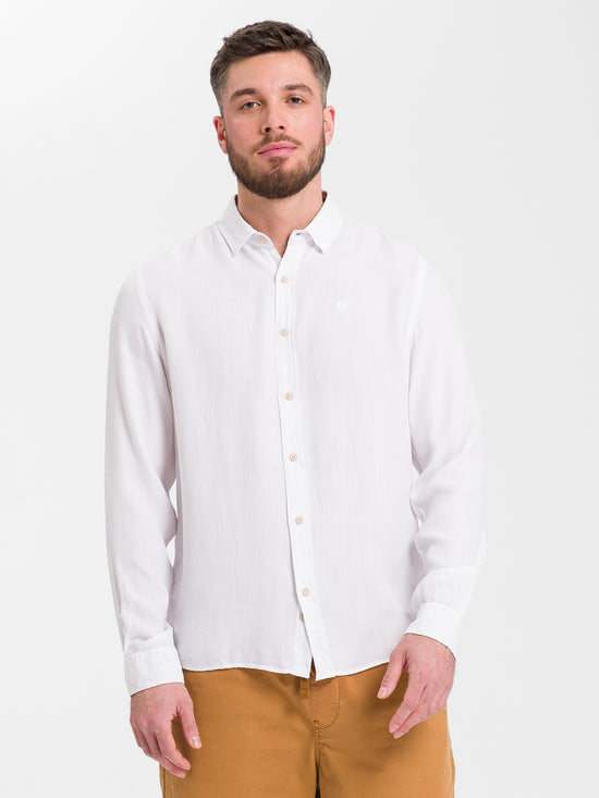 Men's regular long-sleeved shirt white with a patterned collar