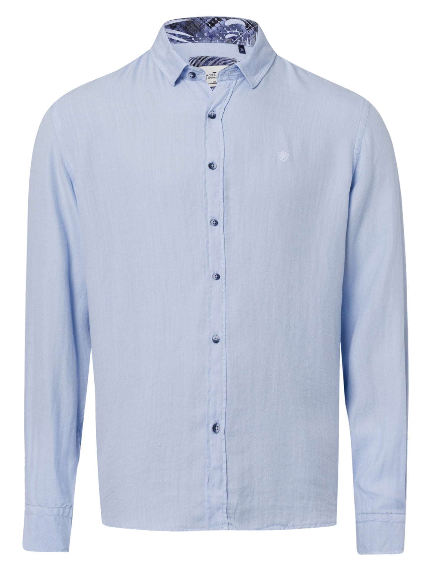 Men's regular long-sleeved shirt light blue with a patterned collar