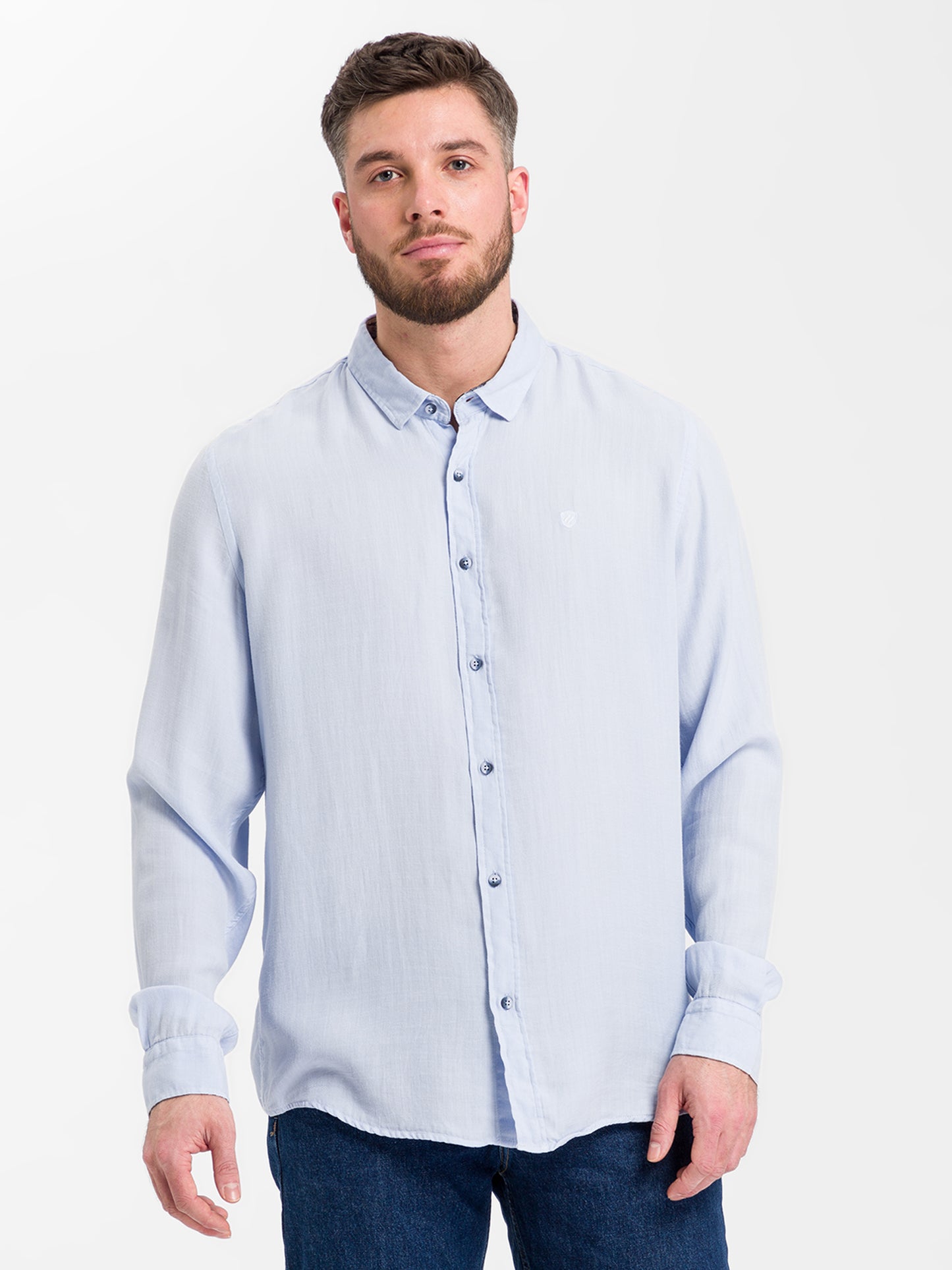 Men's regular long-sleeved shirt light blue with a patterned collar