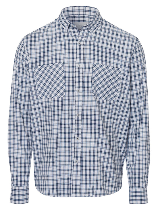 Men's regular long-sleeved shirt checked pattern blue and white