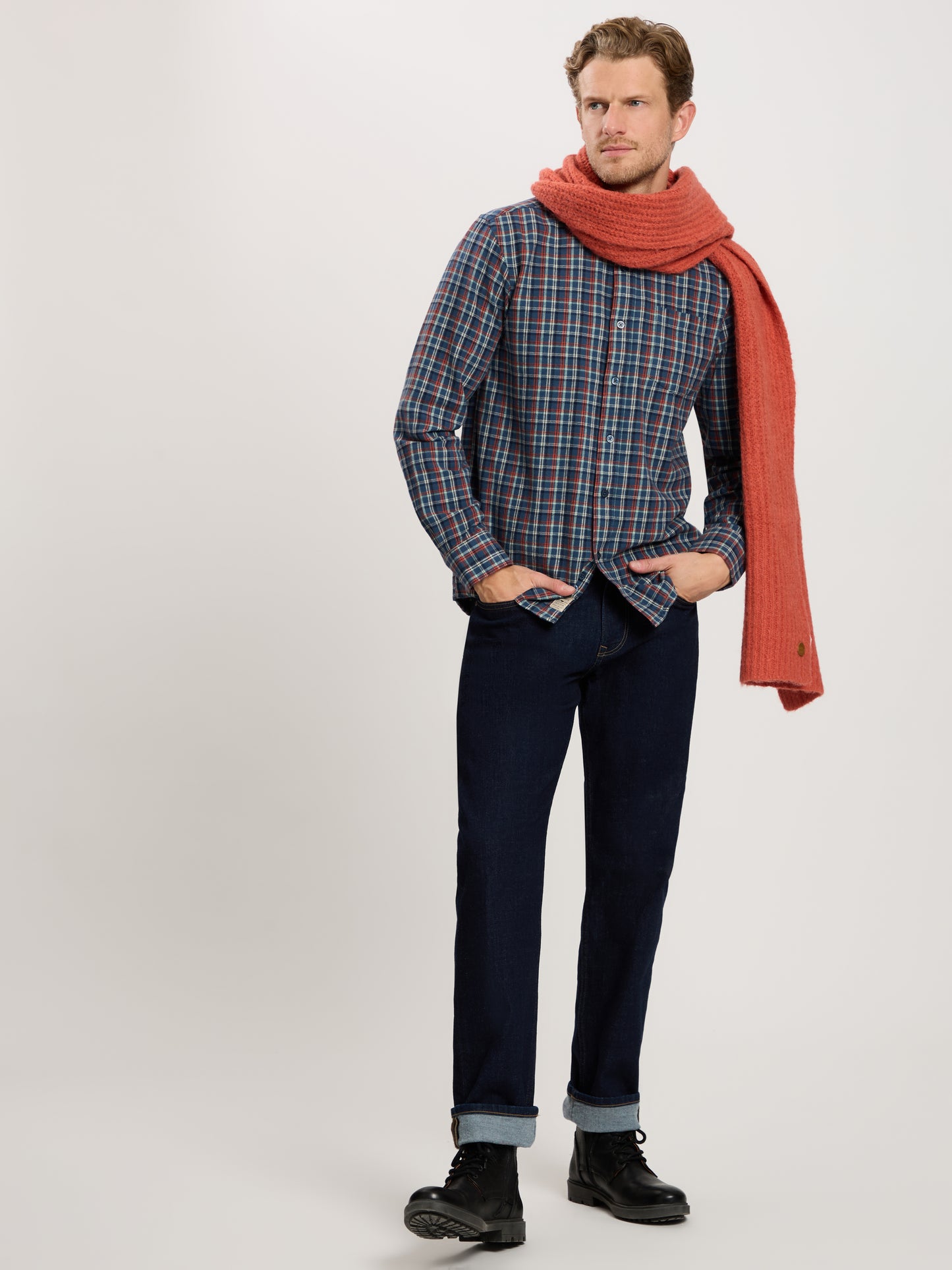 Herren Regular Langarmhemd blau-rot kariert