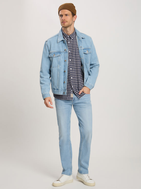 Herren Regular Langarmhemd marineblau kariert