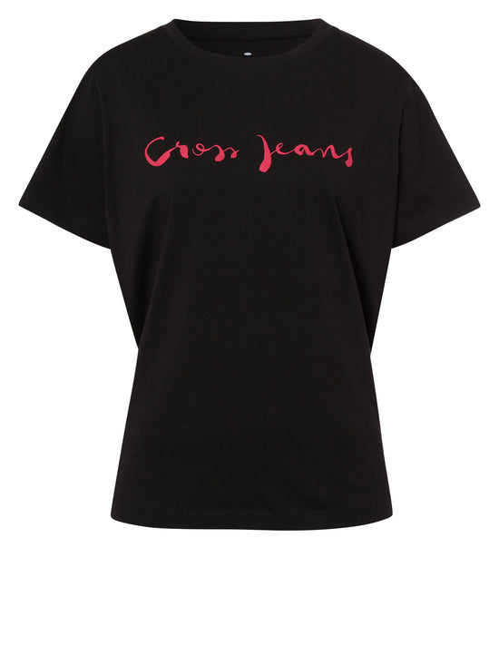 Women's regular T-shirt with Cross Jeans logo print black