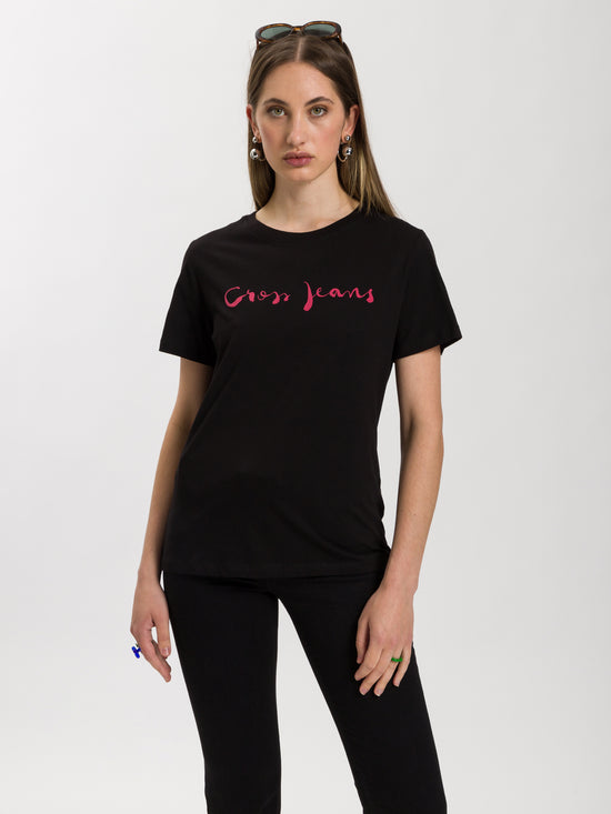 Damen Regular T-Shirt mit Cross Jeans Logo Print schwarz