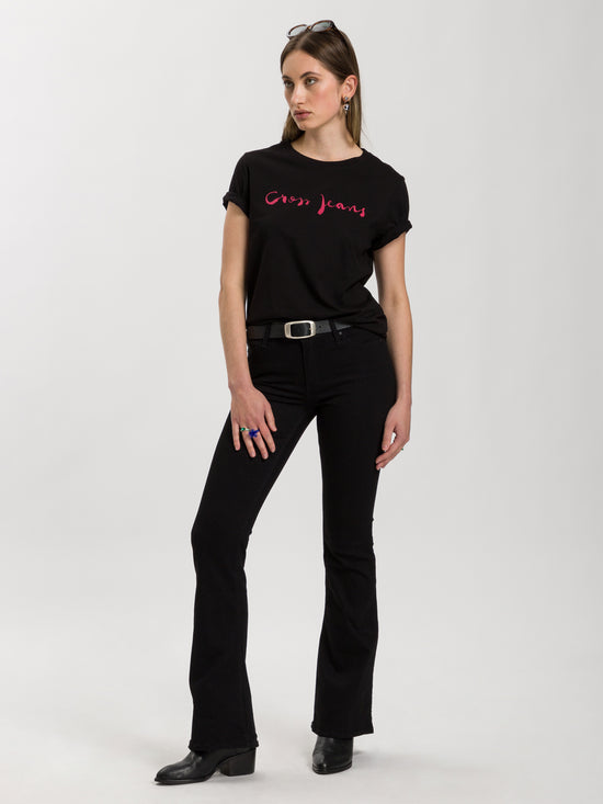 Damen Regular T-Shirt mit Cross Jeans Logo Print schwarz
