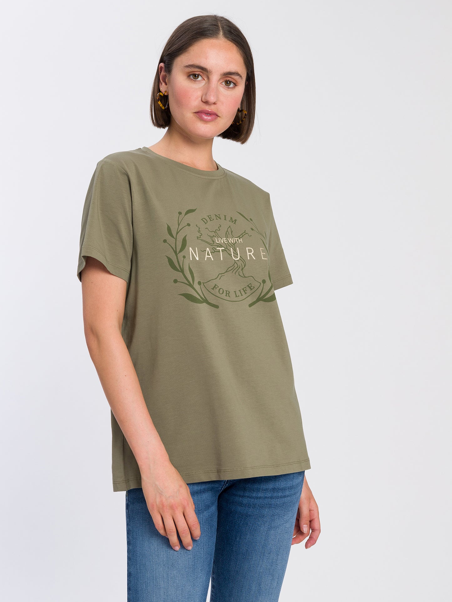 Women's regular print T-shirt Live with Nature green