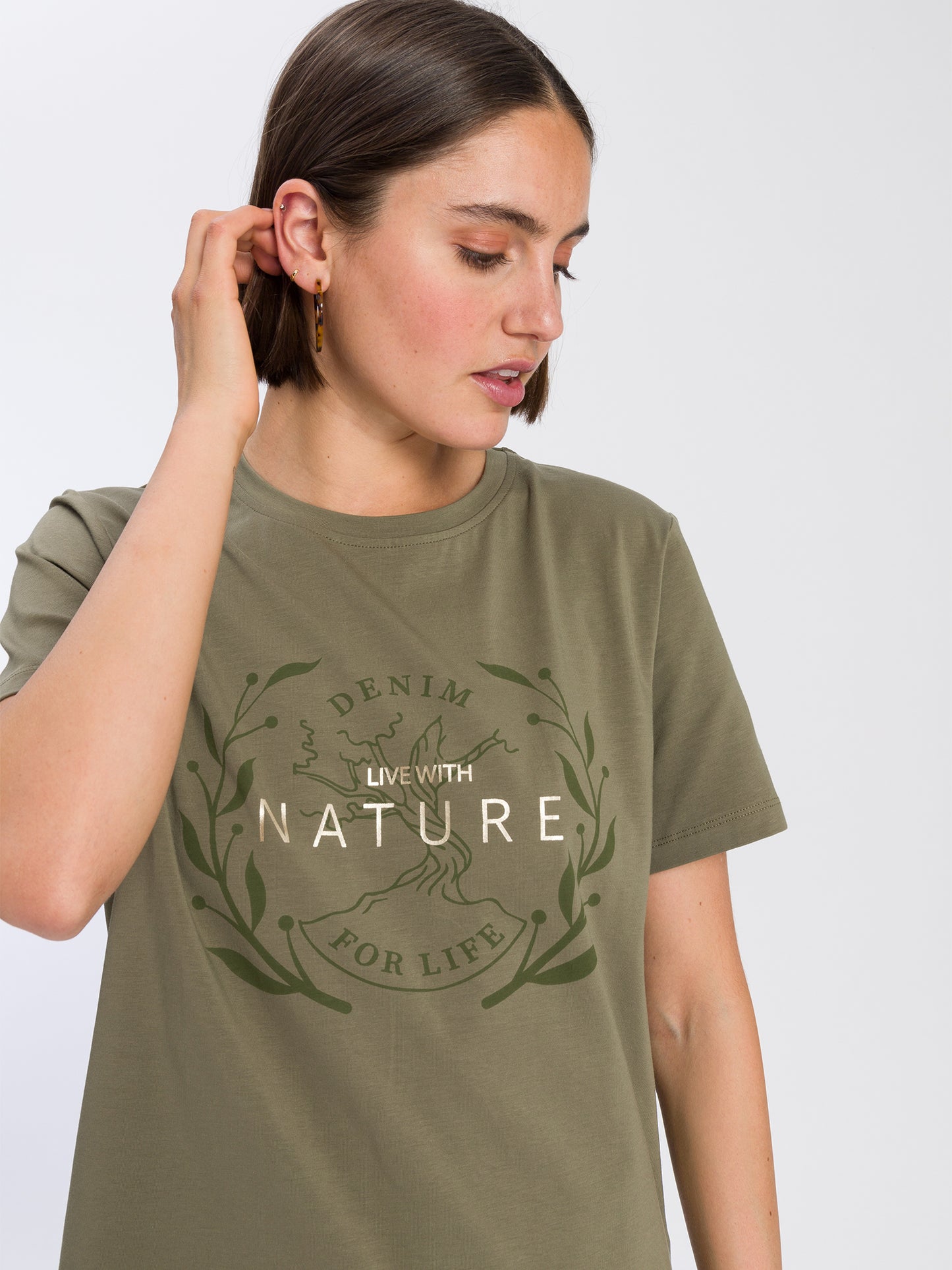 Damen Regular Print T-Shirt Live with Nature grün