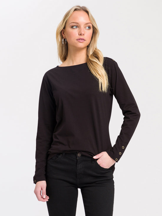 Women's slim long-sleeved shirt with button details black