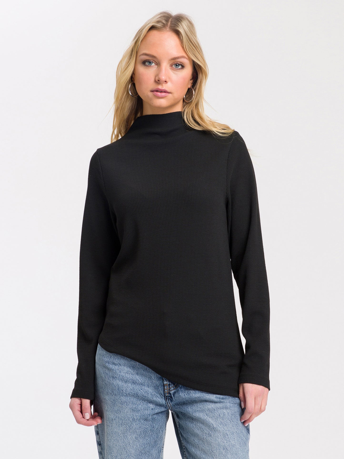 Damen Slim Langarmshirt mit Stehkragen schwarz
