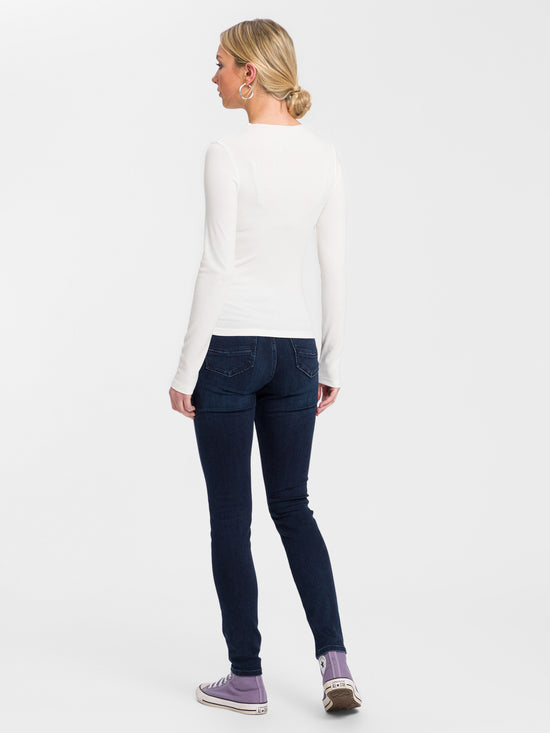 Damen Slim Langarmshirt kurz mit Stehkragen weiß